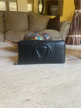 Mario Valentino Black Leather Zip Wristlet with Gold Hardware
